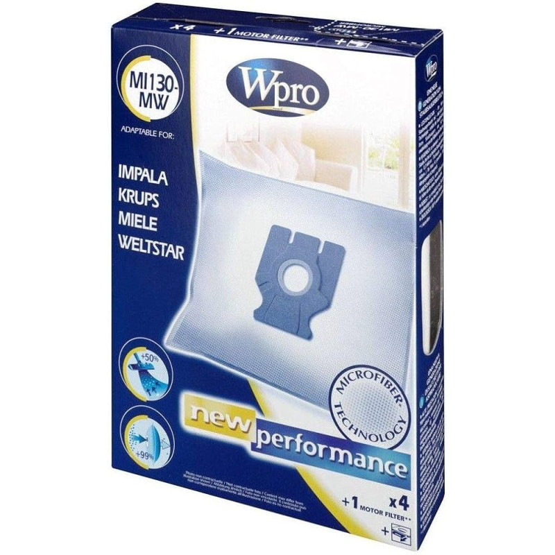 Wpro MI130-MW 4 Sacs Aspirateur Compatible krups et miele + 1 Microfibre