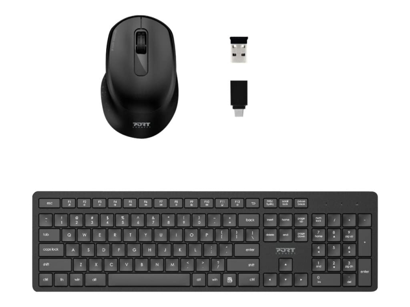 Port Connect Clavier pc de Bureau sans Fil 2.4 ghz USB-a & USB-c 12 raccourcis multimédia Optique 1600 dpi azerty Prise EU Noir