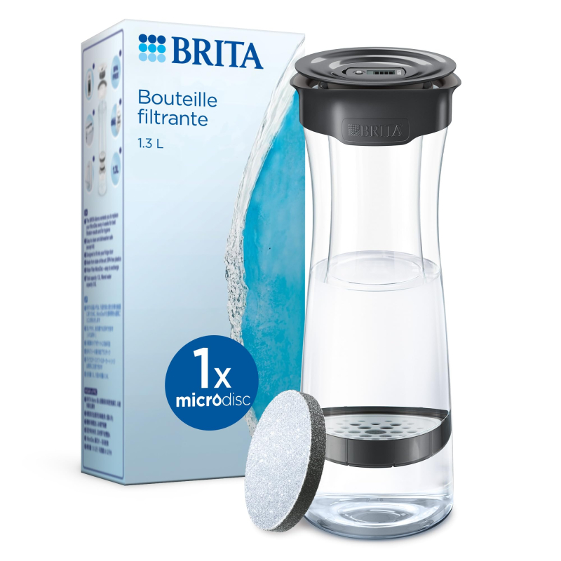 BRITA bouteille filtrante gris foncé (1,3 L), 1 filtre MicroDisc inclus - Réduit** certains PFAS***, le chlore, des particules f