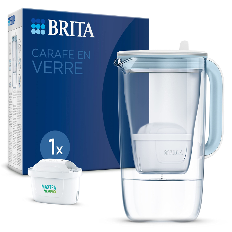 BRITA Carafe Filtrante Verre Bleue (2,5l) incl 1 cartouche filtrante eau robinet MAXTRA PRO All-in-1 réduit PFAS, calcaire, chlo