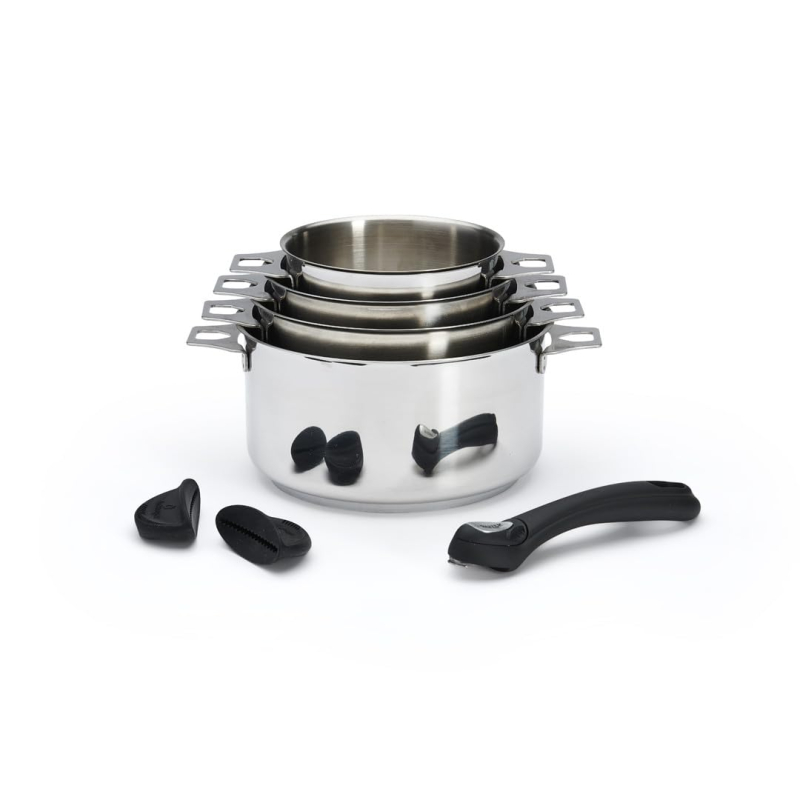 De Buyer - Lot de 4 casseroles en inox MILADY TWISTY amovibles, 1 queue et 2 anses en silicones noires - Diamètre 14/16/18/20 cm
