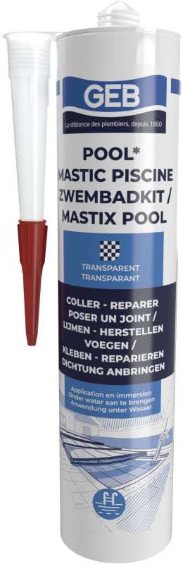 GEB Mastic étanche spécial piscine Transparent 290 ml pour coller, jointoyer et réparer même sous l'eau des éléments de piscine,