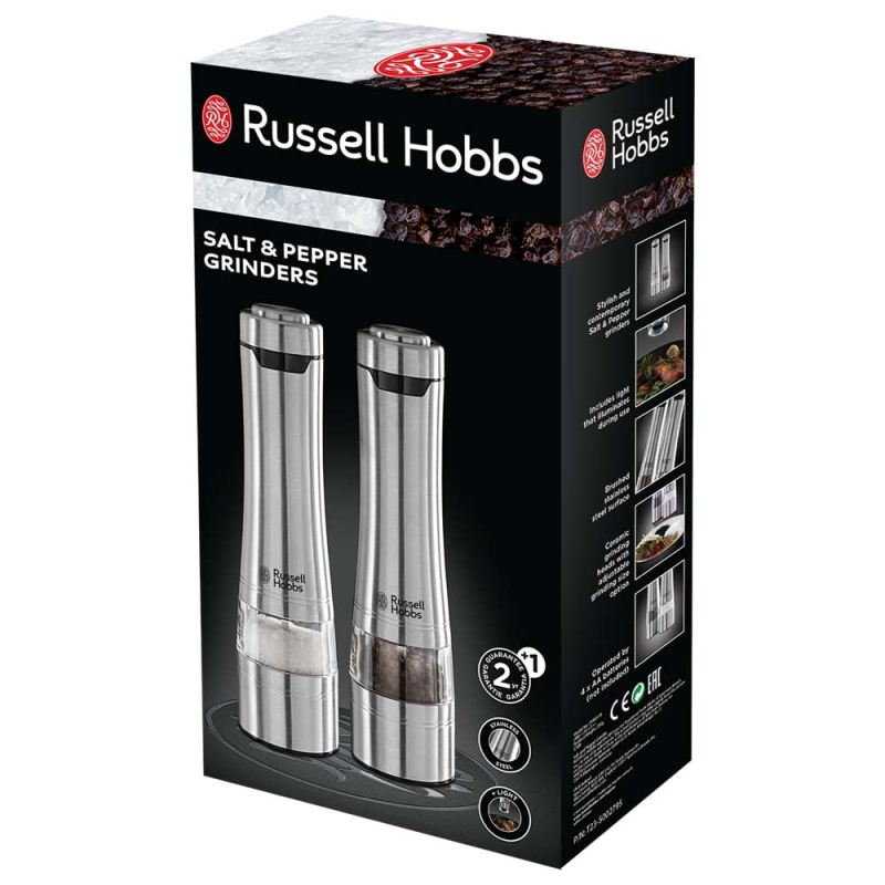 Russell Hobbs Set Moulins à Sel et Poivre électrique [2 Moulins automatiques] Acier brossé Inox (Finesse de broyage réglable, Me