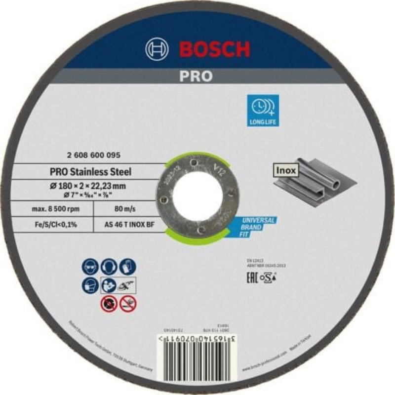 Disque à tronçonner PRO Stainless Steel Bosch 180 x 2 x 22,23 mm - 2608600095
