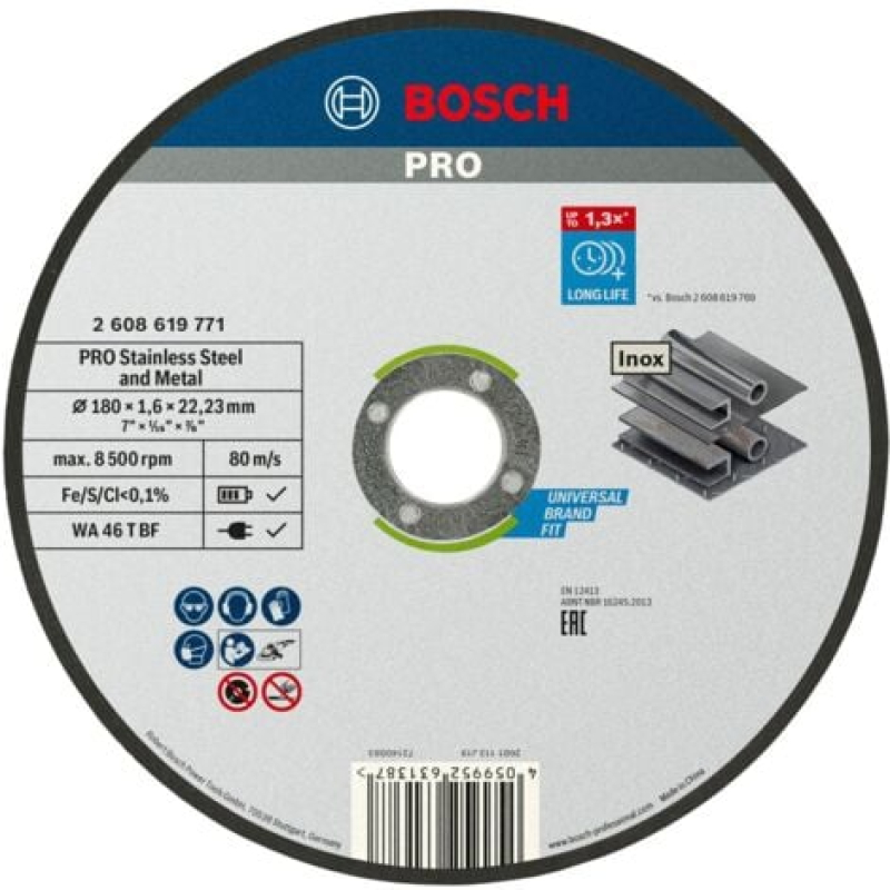 Disque à tronçonner Bosch PRO Stainless Steel and Metal 180 x 1,6 x 22,23 mm - 2608619771