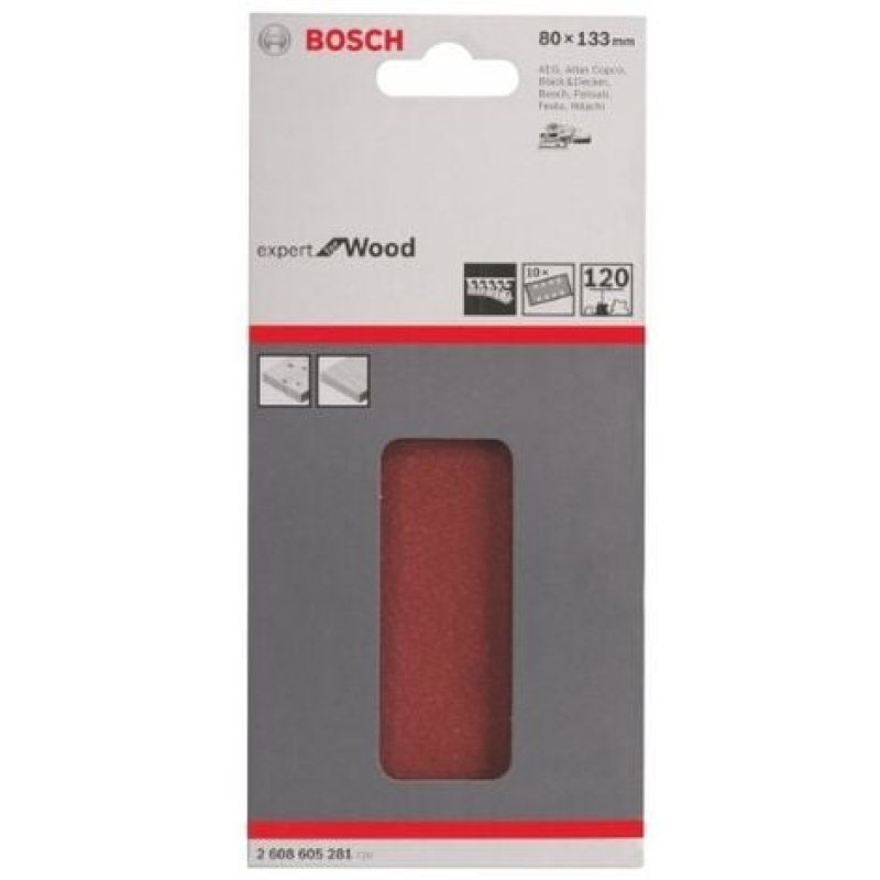 BOSCH 2608605281 FEUILLE ABRASIVE POUR PONCEUSE VIBRANTE 80 X 133 MM 8 TROUS GRAIN 120 10 PIÈCES