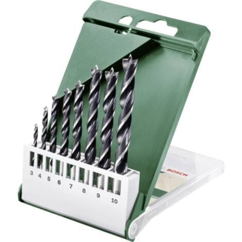 Bosch Outillages 2609255215 Jeu de forets pour le bois 8 pièces 3 mm, 4 mm, 5 mm, 6 mm, 7 mm, 8 mm, 9 mm, 10 mm tige cylindrique