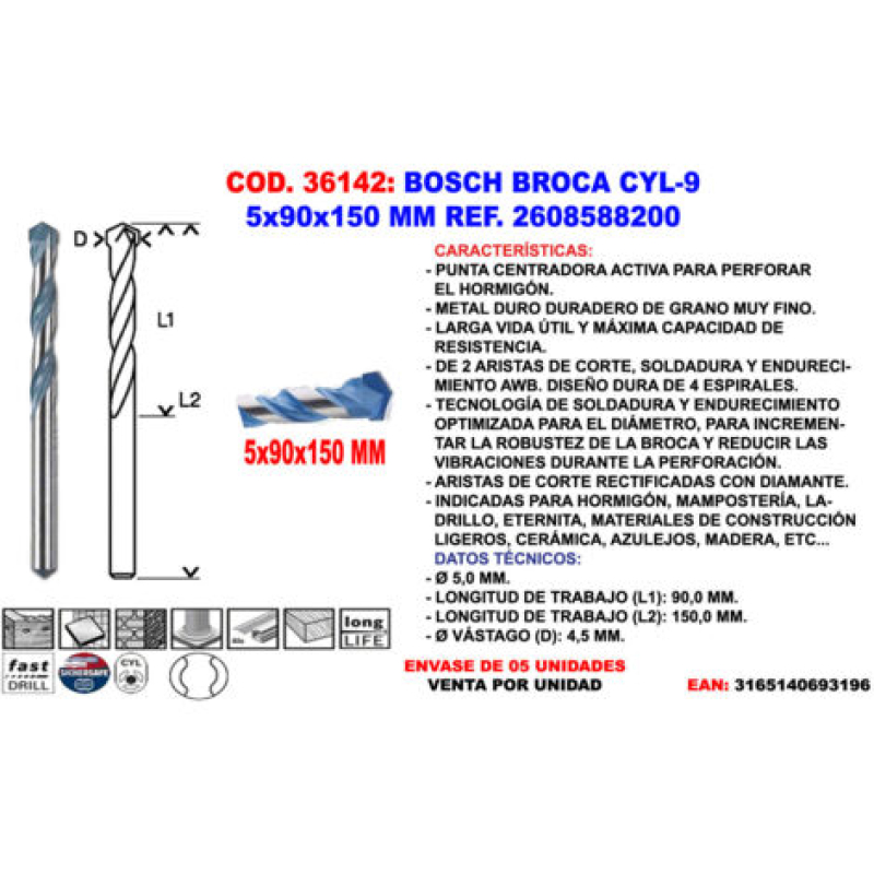 Foret cylindrique Bosch 5x90x150 mm 2 608 588 200 2608900607