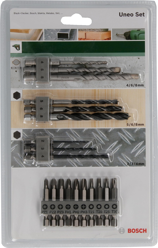 Bosch Outillages 19 pièces Kit Uneo Mixed (pour le bois, le métal et la pierre, accessoires marteau burineur) Argent