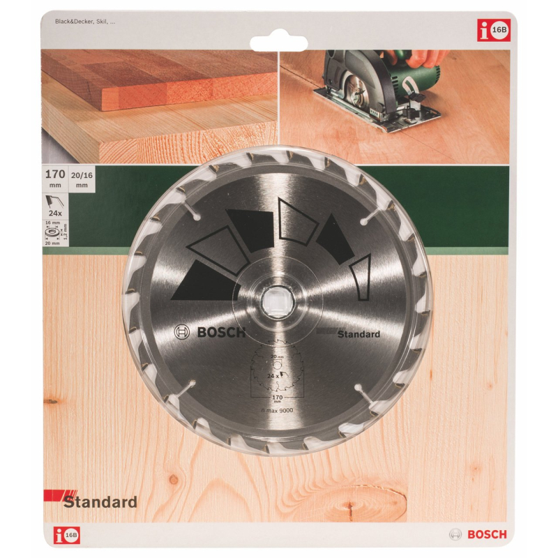 Bosch 1x Lame de Scie Circulaire Standard (pour Bois, Ø 170 x 2.2/1.5 x 20/16 mm, 24 Dents, ATB, avec 1x Bague de Réduction 16 m