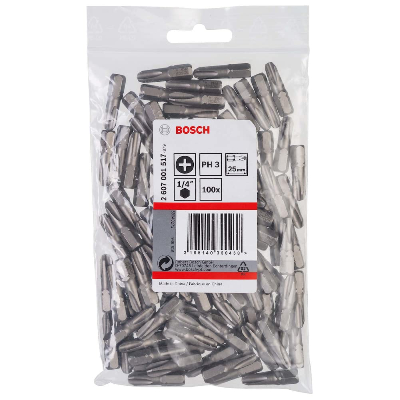 Bosch Outillages 100 Pièces Jeu de Embouts de Vissage Extra Dure pour Vis Cruciformes, PH3 Epaisseur, 25mm Longueur