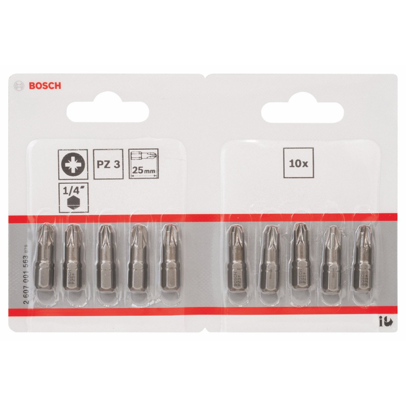 Bosch Outillages 10 Pièces Jeu de Embouts de Vissage Extra Dure pour Vis Pozidriv, PZ3 Epaisseur, 25mm Longueur