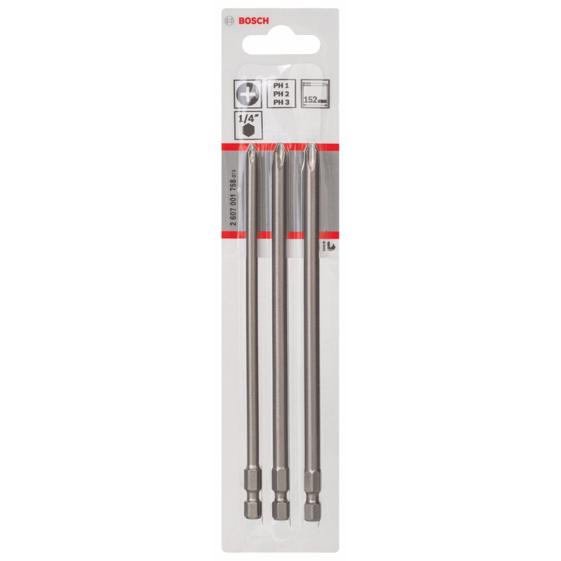Bosch Outillages 3 Pièces Jeu de Embouts de Vissage Courts Qualité Extra-Dure, PH Séries, 152mm Longueur