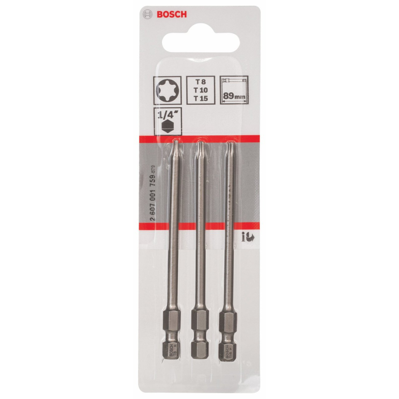 Bosch Outillages 3 Pièces Jeu de Embouts de Vissage Courts Qualité Extra-Dure, T8/T10/T15, 89mm Longueur Gris