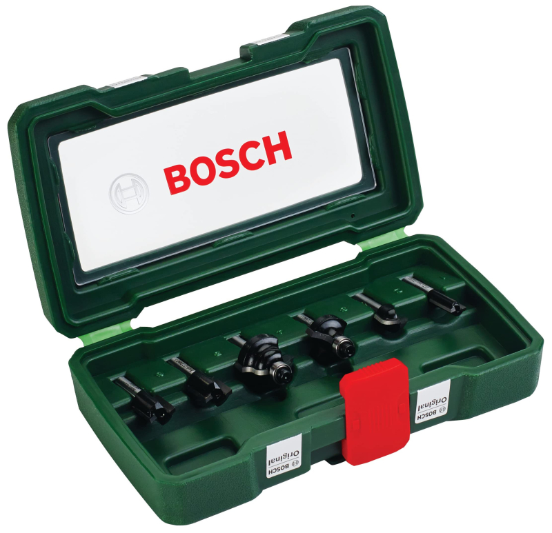 Bosch Outillages 6 pièces Ensemble de fraises au carbure (pour le bois, emmanchement Ø 1/4'', accessoires défonceuse)