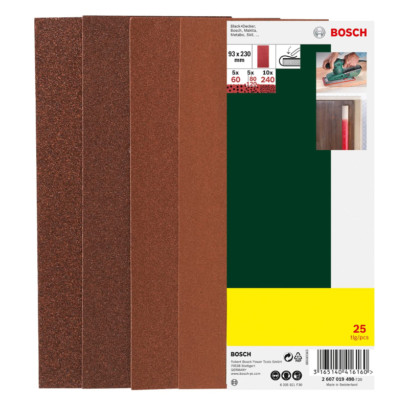 Bosch Outillages 2607019498 Feuilles abrasives pour Ponceuse vibrante (non trouées) Grain 60-240 93 x 230 mm Lot de 25