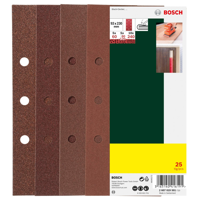 Bosch Outillages 2607019501 Feuilles abrasives pour Ponceuse vibrante (trouées) Grain 60-240 93 x 230 mm Lot de 25 Argent