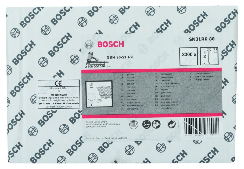 Bosch Outillages Clous en Bande à Tête Ronde 21° SN21RK 80, 7mm Tête, 3.1mm x 80mm, Lot de 3000