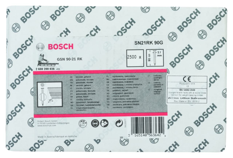 Bosch Outillages Clous en Bande à Tête Ronde 21° SN21RK 90G, 7mm Tête, 3.1mm x 90mm, Lot de 2500