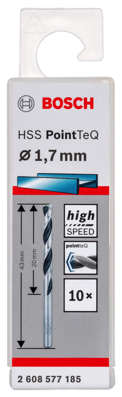 Bosch Professional 10x forets hélicoïdaux HSS PointTeQ (pour métal, 1,7 x 20 x 43 mm, accessoires pour perceuses-visseuses)