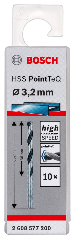 Bosch Professional 10x forets hélicoïdaux HSS PointTeQ (pour métal, 3,2 x 36 x 65 mm, accessoires pour perceuses-visseuses)