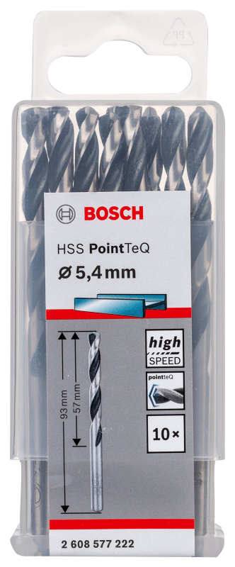 Bosch Professional 10x forets hélicoïdaux HSS PointTeQ (pour métal, 5,4 x 57 x 93 mm, accessoires pour perceuses-visseuses)