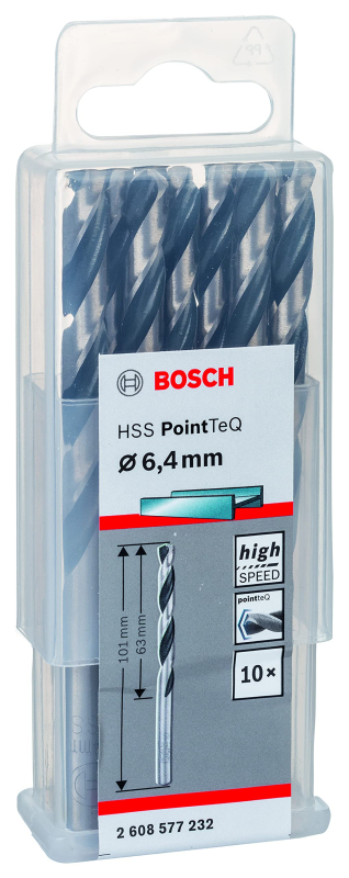 Bosch Outillages 10x forets hélicoïdaux HSS PointTeQ (pour métal, 6,4 x 63 x 101 mm, accessoires pour perceuses-visseuses)