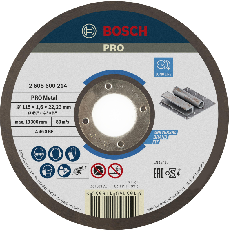 Bosch 1x Disque à tronçonner PRO Metal Longlife pour petite meuleuse angulaire et alésage 22,23 mm (pour Acier, Ø 115 mm, Profes