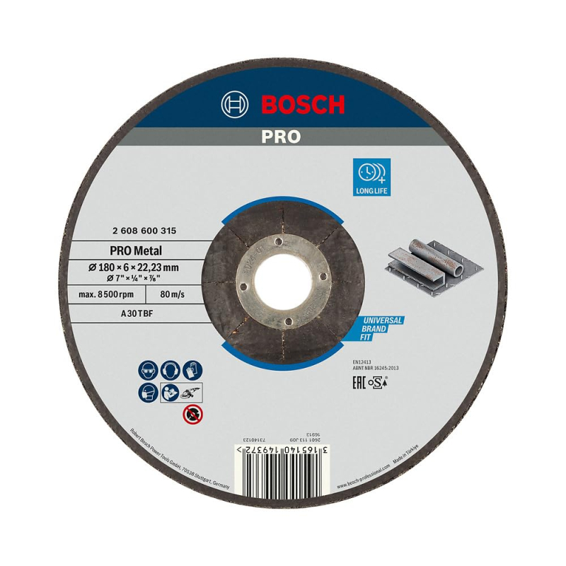 Bosch 1x Disque abrasif PRO Metal Longlife pour grande meuleuse angulaire et alésage 22,23 mm (pour Acier, Ø 180 mm, Professiona