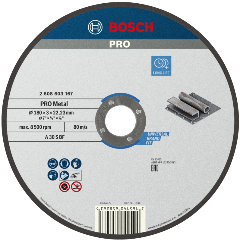 Bosch 1x Disque à tronçonner PRO Metal Longlife pour grande meuleuse angulaire et alésage 22,23 mm (pour Acier, Ø 180 mm, Profes