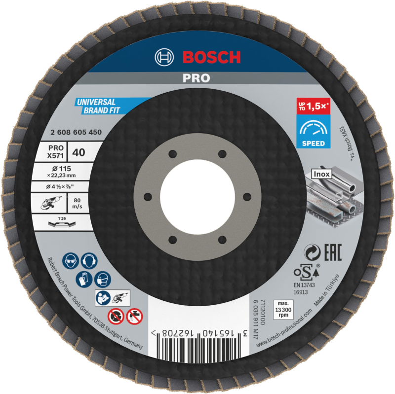 Bosch 1x Plateau à lamelles PRO Metal X571, version bombée sur fibres (pour Acier, Acier inoxydable, Ø 115 mm, Grain 40, Profess