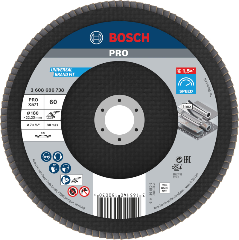Bosch 1x Plateau à lamelles PRO Metal X571, version plate sur fibres (pour Acier, Acier inoxydable, Ø 180 mm, Grain 60, Professi