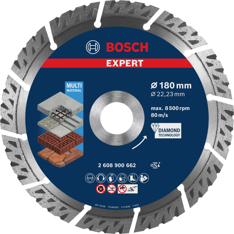 Bosch 1x Disques à tronçonner diamantés EXPERT MultiMaterial (pour Béton, Béton armé, Ø 180 mm, Professional Accessoire Grande m