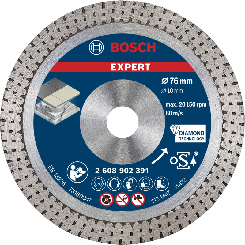 Bosch 1 disque à tronçonner diamanté EXPERT Hard Ceramic, alésage 10 mm (pour carrelage dur, pierre dure, Ø 76 mm, accessoires p