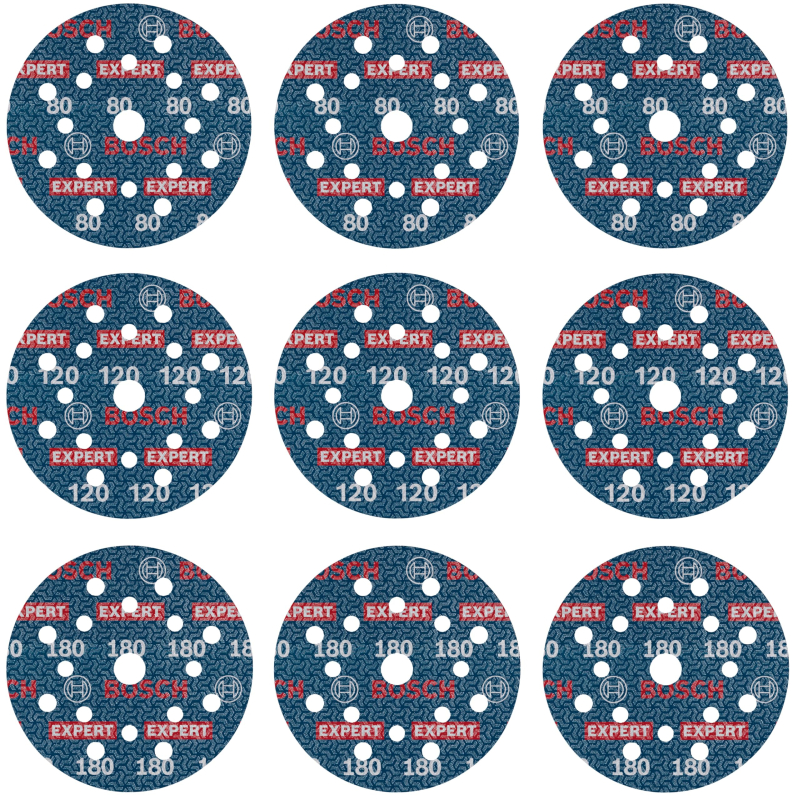 Bosch EXPERT O780 Lot de 9 disques abrasifs à film 125 mm (pour bois dur, peinture sur bois, Ø 125 mm, grain 3 x 80, 3 x 120, 3 