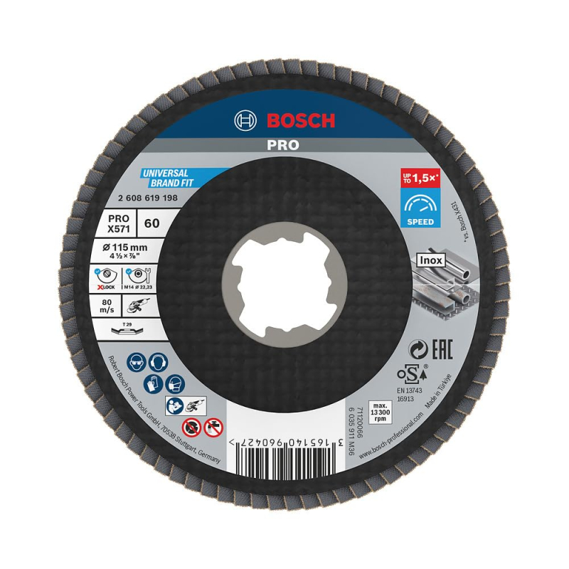 Bosch 1x Plateau à lamelles PRO Metal X571, version bombée pour X-Lock (pour Acier, Acier inoxydable, Ø 115 mm, Grain 60, Profes