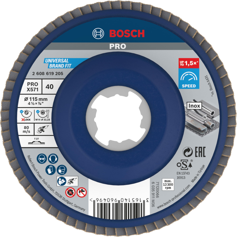 Bosch 1x Plateau à lamelles PRO Metal X571, version plate pour X-Lock (pour Acier, Acier inoxydable, Ø 115 mm, Grain 40, Profess