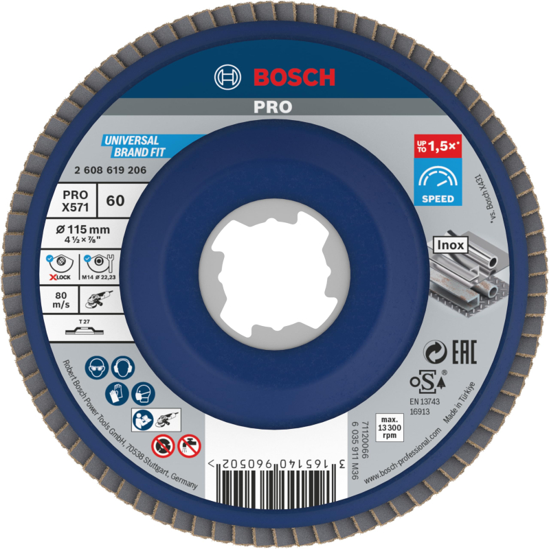 Bosch 1x Plateau à lamelles PRO Metal X571, version plate pour X-Lock (pour Acier, Acier inoxydable, Ø 115 mm, Grain 60, Profess