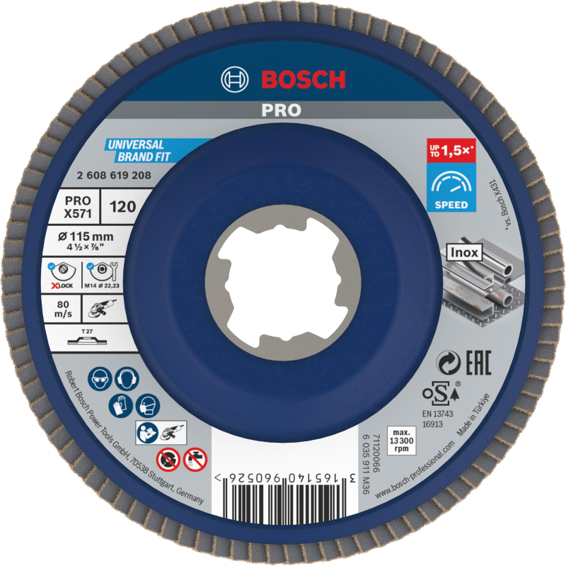 Bosch 1x Plateau à lamelles PRO Metal X571, version plate pour X-Lock (pour Acier, Acier inoxydable, Ø 115 mm, Grain 120, Profes