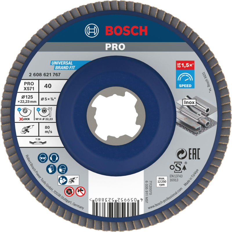 Bosch 1x Plateau à lamelles PRO Metal X571, version bombée pour X-Lock (pour Acier, Acier inoxydable, Ø 125 mm, Grain 40, Profes