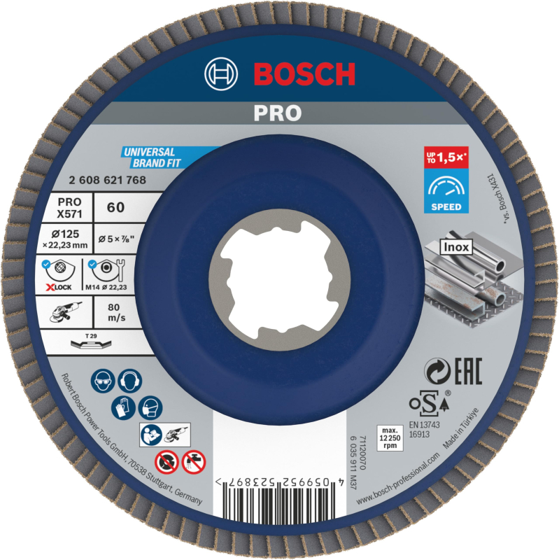 Bosch 1x Plateau à lamelles PRO Metal X571, version bombée pour X-Lock (pour Acier, Acier inoxydable, Ø 125 mm, Grain 60, Profes