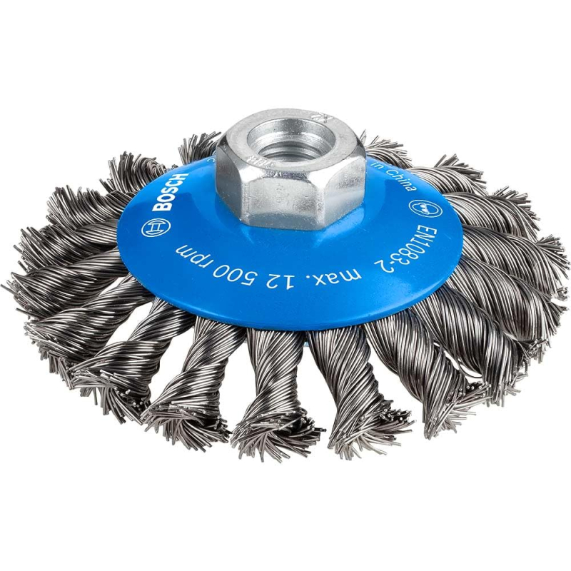 Bosch 1x Brosse conique PRO Steel Longlife, fils torsadés pour petite meuleuse angulaire et filetage M14 (pour Acier, Ø 100 mm, 