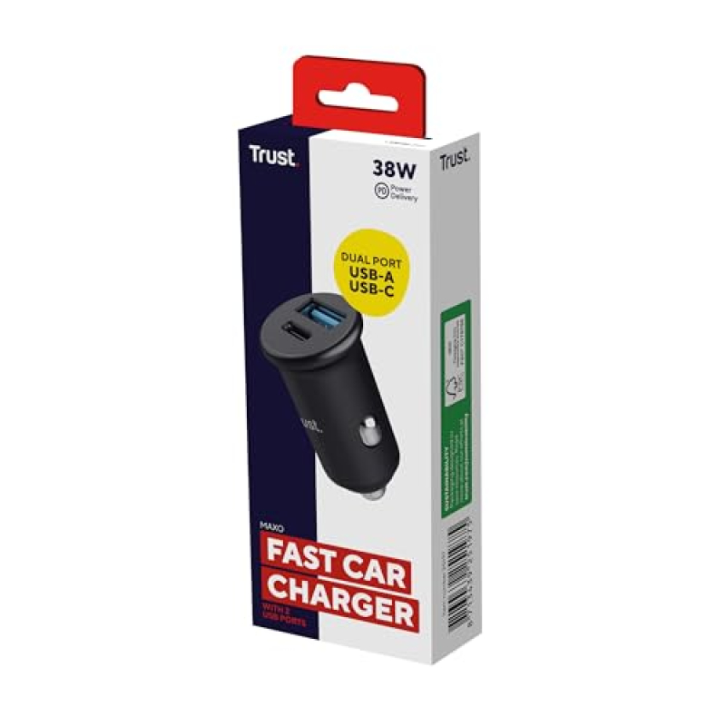 Trust Maxo 38W PD Allume Cigare USB C & USB, 20W USB-C PD & 18W USB-A QC3, Mini Prise Chargeur Voiture Charge Rapide, Adaptateur