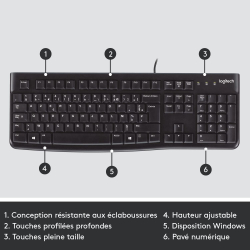 Logitech K120 Clavier Filaire pour Windows, USB Plug-and-Play, Taille Standard, Résistant Eclaboussures, Barre D'Espacement Incu