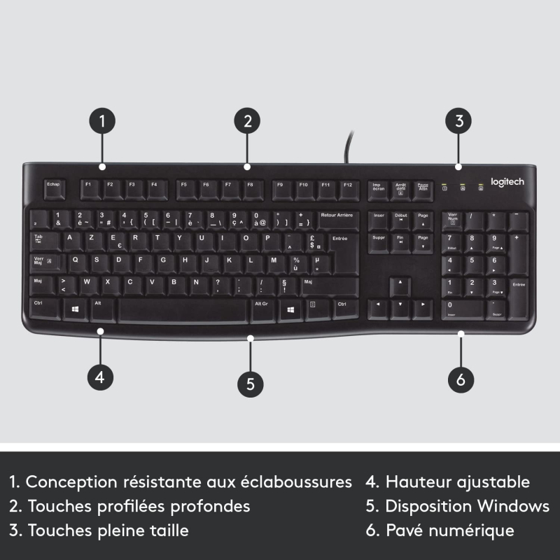 Logitech K120 Clavier Filaire pour Windows, USB Plug-and-Play, Taille Standard, Résistant Eclaboussures, Barre D'Espacement Incu