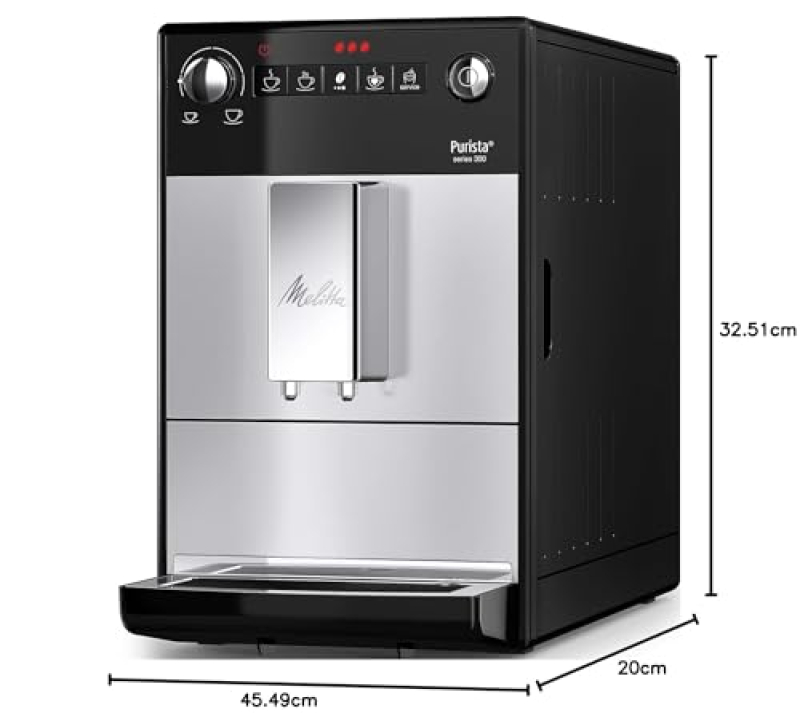 Melitta Purista Argent, Machine à Café à Grains avec Broyeur et Système d'Extraction des Arômes, Silencieuse, Mode 1 à 2 Tasses,
