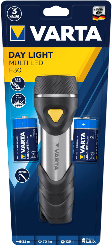 VARTA Lampe Torche avec 14 LED incl. 2x piles D, Day Light Multi LED F30, torche de poche à pendentif, lumière idéale pour la ma