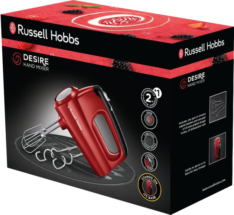 Russell Hobbs Batteur [Facile & puissant] Desire Rouge (5 vitesses+fonction turbo, 2 fouets et crochets pétrin compatibles lave-