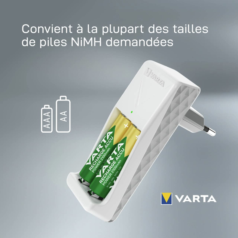 VARTA Chargeur de Piles, incl. 2X AAA 800mAh, chargeur pour piles rechargeables, charge 2 AA/AAA simultanément, Mini Charger