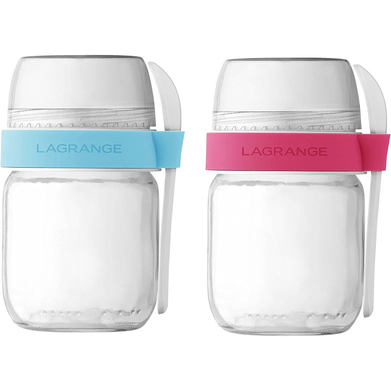 Lot de 2 pots de yaourts compartimentés à emporter Praline rose & Curacao pour yaourtière - fromagère Lagrange